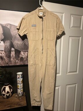 BDG Beige Short-Sleeve Zip-Front Utility Jumpsuit